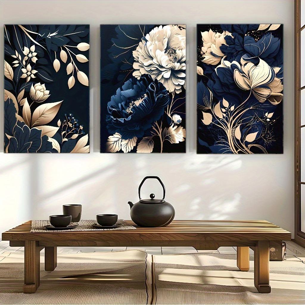 3pcs Navy Blue, Golden, Beige, - Canvas Wrap Ready ulasan dan harga